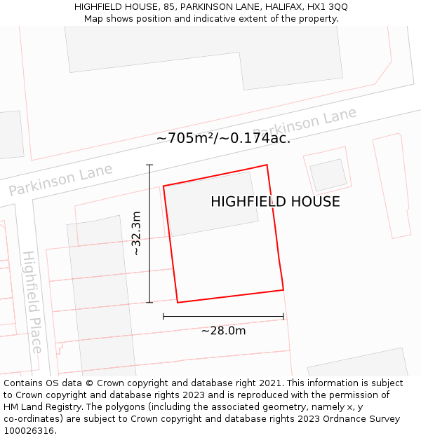 HIGHFIELD HOUSE, 85, PARKINSON LANE, HALIFAX, HX1 3QQ: Plot and title map