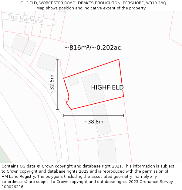 HIGHFIELD, WORCESTER ROAD, DRAKES BROUGHTON, PERSHORE, WR10 2AQ: Plot and title map