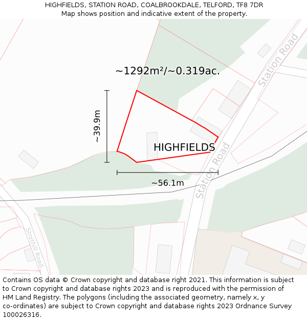 HIGHFIELDS, STATION ROAD, COALBROOKDALE, TELFORD, TF8 7DR: Plot and title map