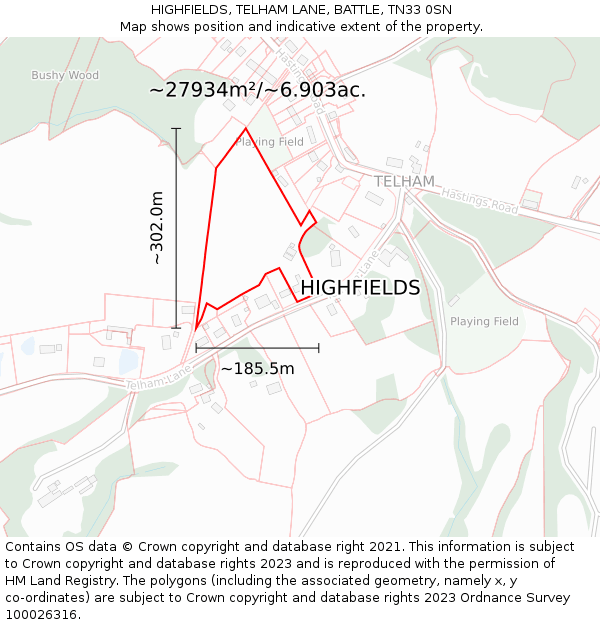 HIGHFIELDS, TELHAM LANE, BATTLE, TN33 0SN: Plot and title map