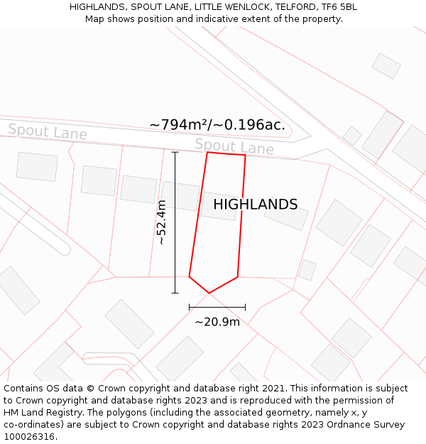 HIGHLANDS, SPOUT LANE, LITTLE WENLOCK, TELFORD, TF6 5BL: Plot and title map