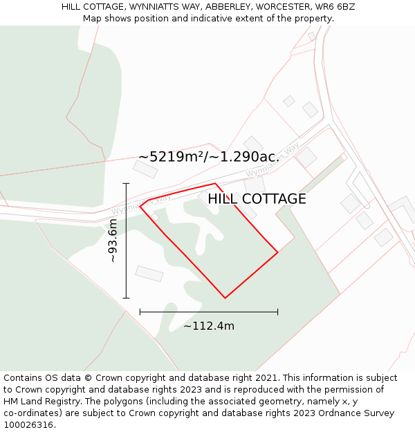 HILL COTTAGE, WYNNIATTS WAY, ABBERLEY, WORCESTER, WR6 6BZ: Plot and title map