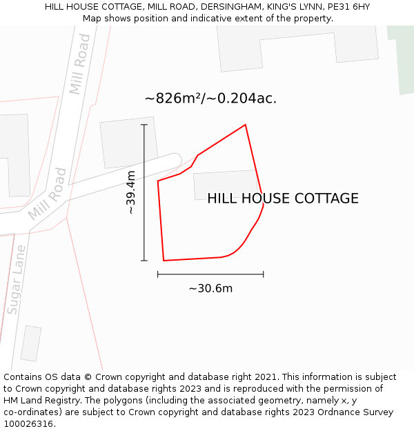 HILL HOUSE COTTAGE, MILL ROAD, DERSINGHAM, KING'S LYNN, PE31 6HY: Plot and title map