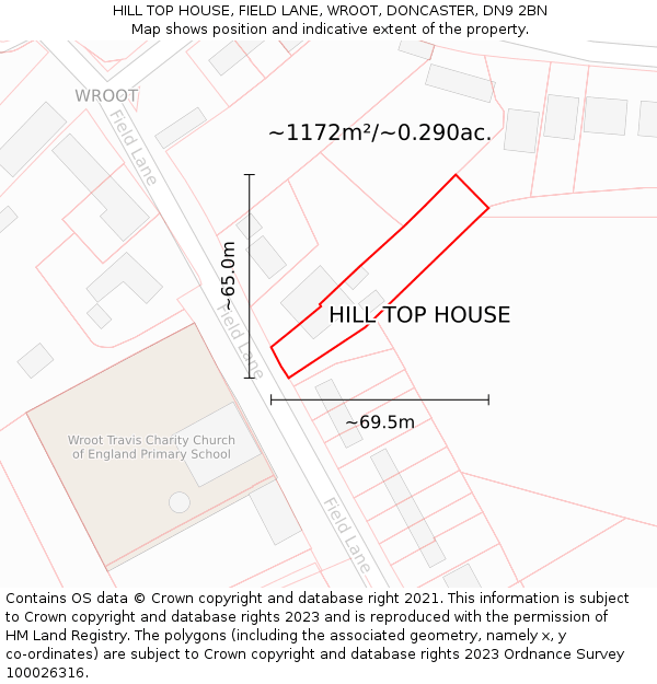 HILL TOP HOUSE, FIELD LANE, WROOT, DONCASTER, DN9 2BN: Plot and title map