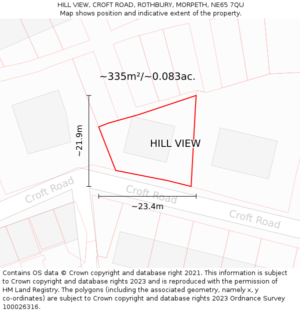 HILL VIEW, CROFT ROAD, ROTHBURY, MORPETH, NE65 7QU: Plot and title map