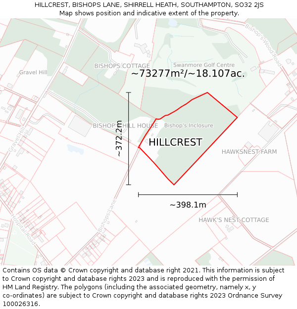 HILLCREST, BISHOPS LANE, SHIRRELL HEATH, SOUTHAMPTON, SO32 2JS: Plot and title map