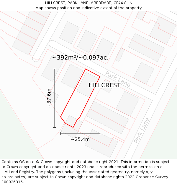 HILLCREST, PARK LANE, ABERDARE, CF44 8HN: Plot and title map