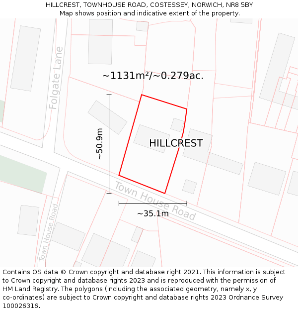 HILLCREST, TOWNHOUSE ROAD, COSTESSEY, NORWICH, NR8 5BY: Plot and title map