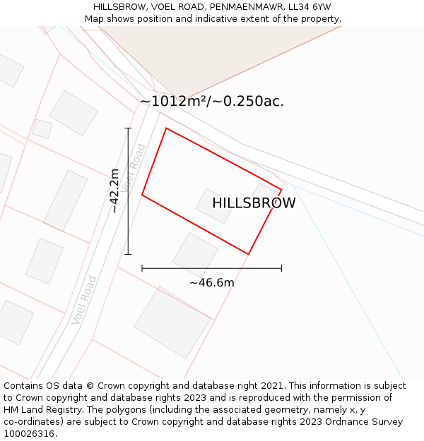 HILLSBROW, VOEL ROAD, PENMAENMAWR, LL34 6YW: Plot and title map