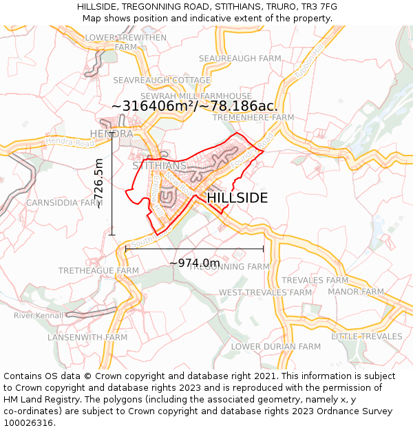 HILLSIDE, TREGONNING ROAD, STITHIANS, TRURO, TR3 7FG: Plot and title map