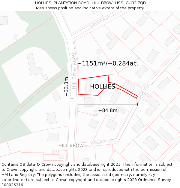 HOLLIES, PLANTATION ROAD, HILL BROW, LISS, GU33 7QB: Plot and title map