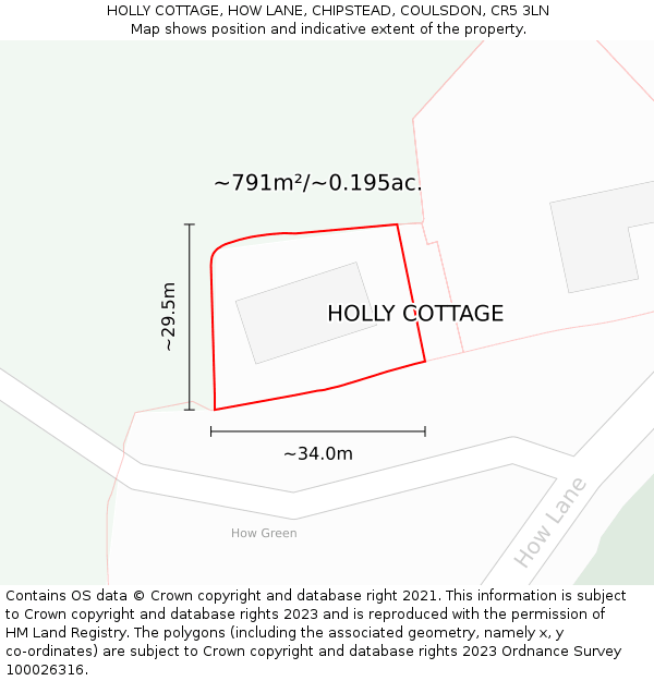 HOLLY COTTAGE, HOW LANE, CHIPSTEAD, COULSDON, CR5 3LN: Plot and title map