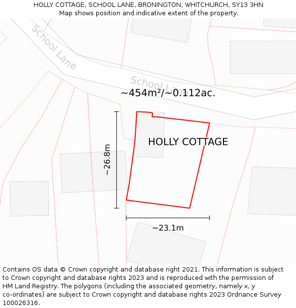 HOLLY COTTAGE, SCHOOL LANE, BRONINGTON, WHITCHURCH, SY13 3HN: Plot and title map