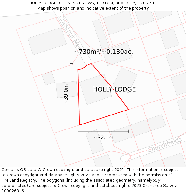 HOLLY LODGE, CHESTNUT MEWS, TICKTON, BEVERLEY, HU17 9TD: Plot and title map