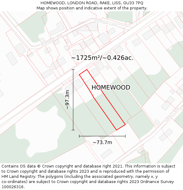 HOMEWOOD, LONDON ROAD, RAKE, LISS, GU33 7PQ: Plot and title map