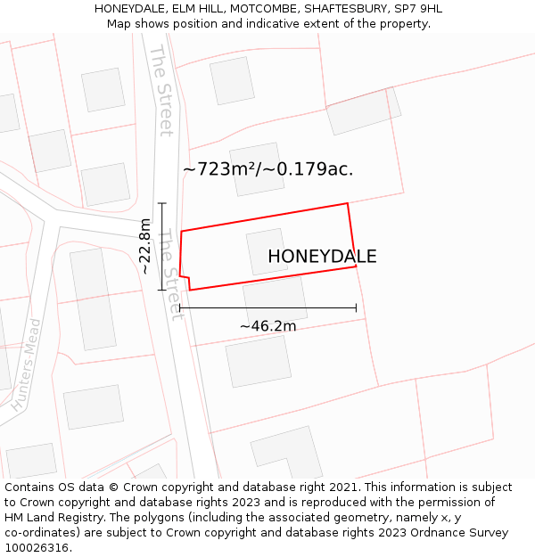 HONEYDALE, ELM HILL, MOTCOMBE, SHAFTESBURY, SP7 9HL: Plot and title map