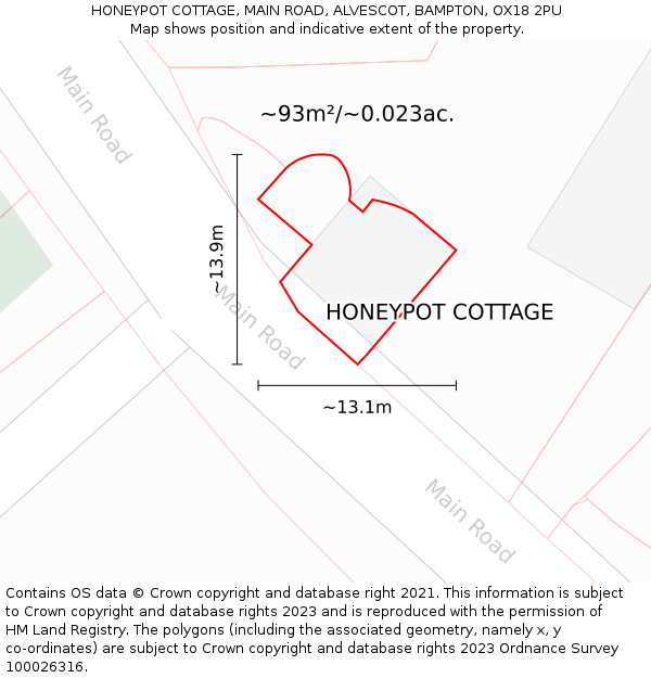 HONEYPOT COTTAGE, MAIN ROAD, ALVESCOT, BAMPTON, OX18 2PU: Plot and title map