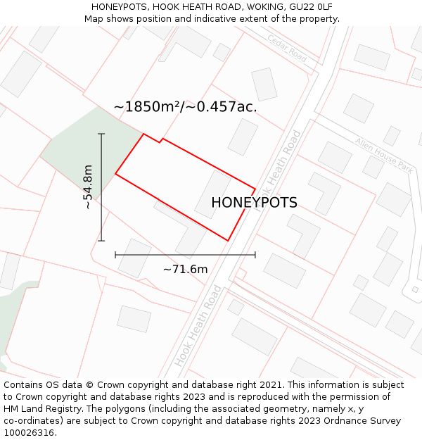 HONEYPOTS, HOOK HEATH ROAD, WOKING, GU22 0LF: Plot and title map