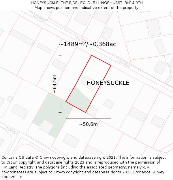 HONEYSUCKLE, THE RIDE, IFOLD, BILLINGSHURST, RH14 0TH: Plot and title map