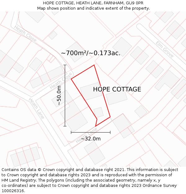 HOPE COTTAGE, HEATH LANE, FARNHAM, GU9 0PR: Plot and title map