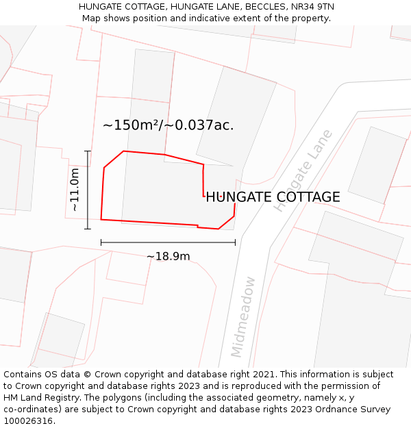 HUNGATE COTTAGE, HUNGATE LANE, BECCLES, NR34 9TN: Plot and title map