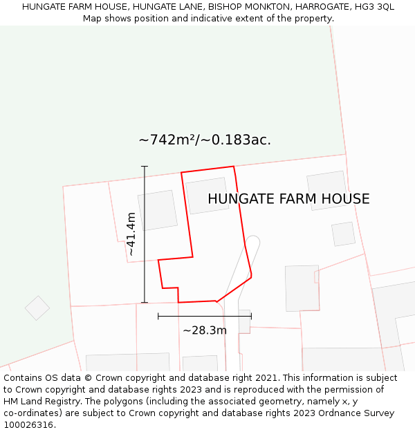 HUNGATE FARM HOUSE, HUNGATE LANE, BISHOP MONKTON, HARROGATE, HG3 3QL: Plot and title map