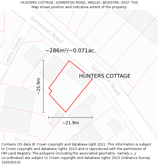 HUNTERS COTTAGE, SOMERTON ROAD, ARDLEY, BICESTER, OX27 7NS: Plot and title map