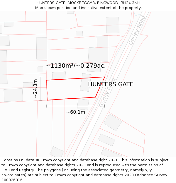 HUNTERS GATE, MOCKBEGGAR, RINGWOOD, BH24 3NH: Plot and title map