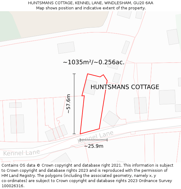 HUNTSMANS COTTAGE, KENNEL LANE, WINDLESHAM, GU20 6AA: Plot and title map