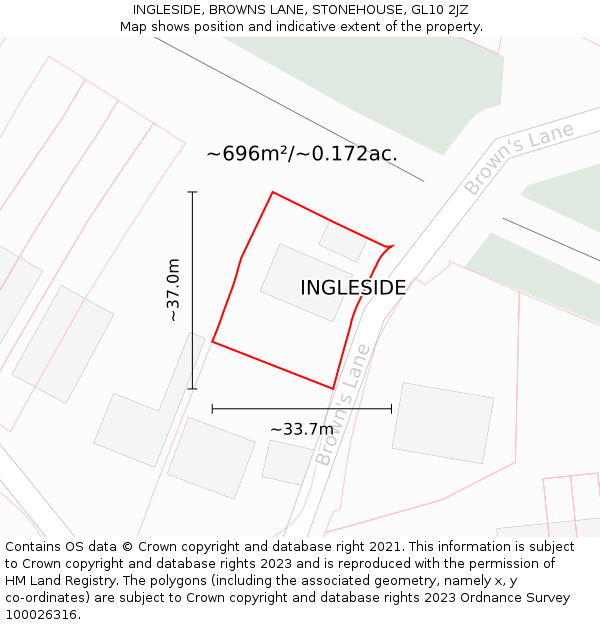 INGLESIDE, BROWNS LANE, STONEHOUSE, GL10 2JZ: Plot and title map