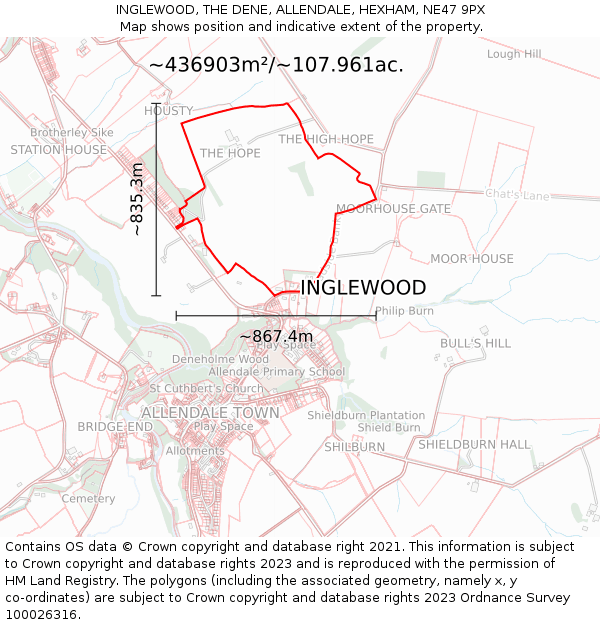 INGLEWOOD, THE DENE, ALLENDALE, HEXHAM, NE47 9PX: Plot and title map