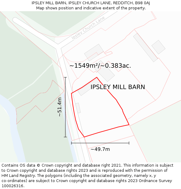 IPSLEY MILL BARN, IPSLEY CHURCH LANE, REDDITCH, B98 0AJ: Plot and title map