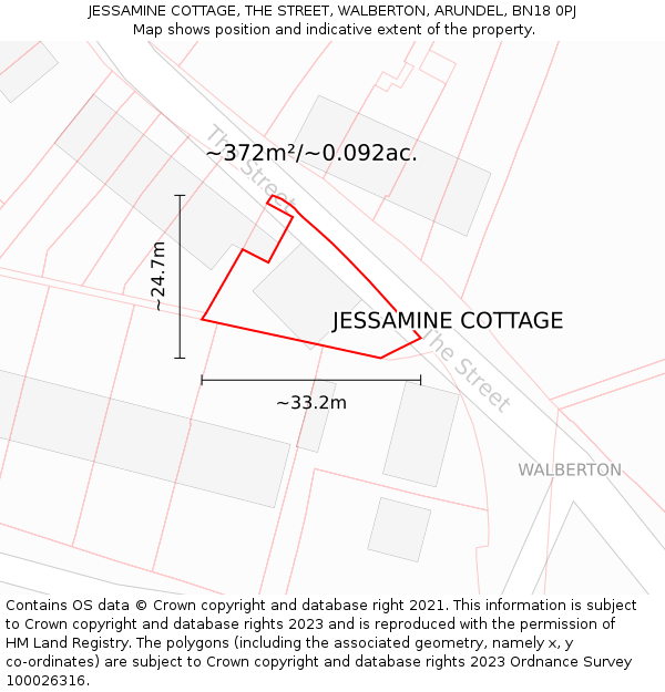 JESSAMINE COTTAGE, THE STREET, WALBERTON, ARUNDEL, BN18 0PJ: Plot and title map