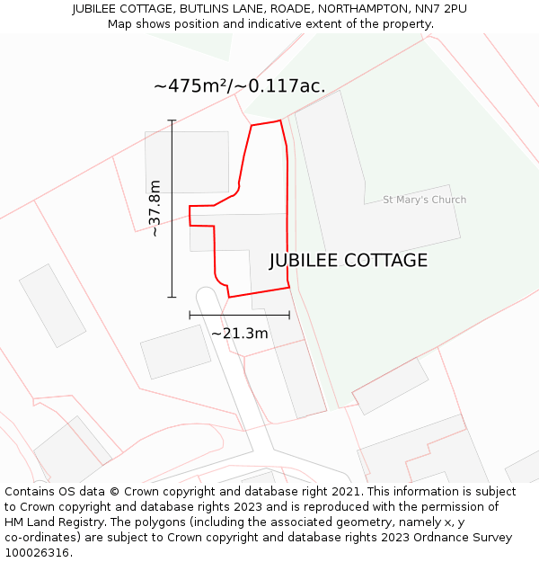 JUBILEE COTTAGE, BUTLINS LANE, ROADE, NORTHAMPTON, NN7 2PU: Plot and title map