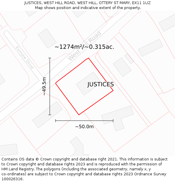 JUSTICES, WEST HILL ROAD, WEST HILL, OTTERY ST MARY, EX11 1UZ: Plot and title map