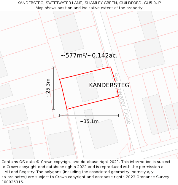 KANDERSTEG, SWEETWATER LANE, SHAMLEY GREEN, GUILDFORD, GU5 0UP: Plot and title map