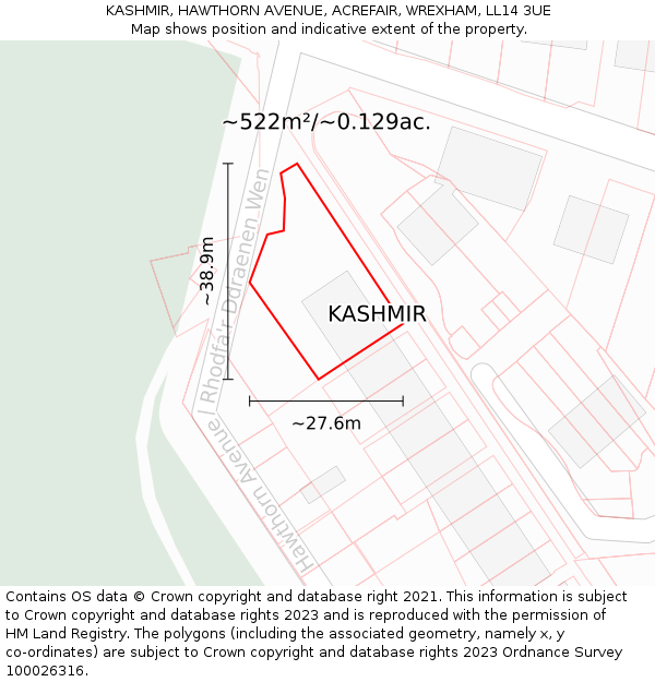 KASHMIR, HAWTHORN AVENUE, ACREFAIR, WREXHAM, LL14 3UE: Plot and title map