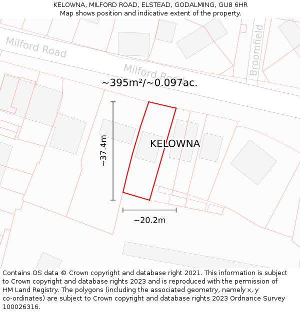 KELOWNA, MILFORD ROAD, ELSTEAD, GODALMING, GU8 6HR: Plot and title map