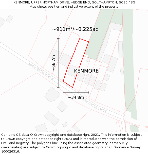 KENMORE, UPPER NORTHAM DRIVE, HEDGE END, SOUTHAMPTON, SO30 4BG: Plot and title map