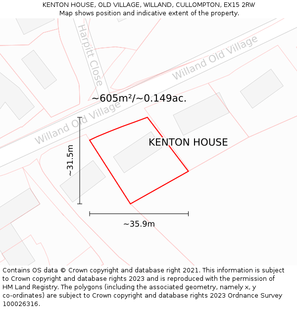 KENTON HOUSE, OLD VILLAGE, WILLAND, CULLOMPTON, EX15 2RW: Plot and title map