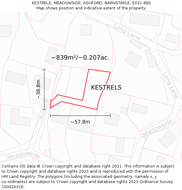 KESTRELS, MEADOWSIDE, ASHFORD, BARNSTAPLE, EX31 4BS: Plot and title map