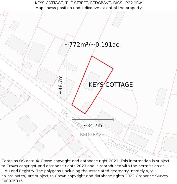 KEYS COTTAGE, THE STREET, REDGRAVE, DISS, IP22 1RW: Plot and title map