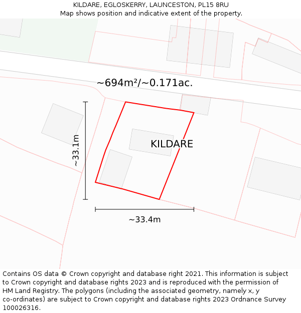 KILDARE, EGLOSKERRY, LAUNCESTON, PL15 8RU: Plot and title map