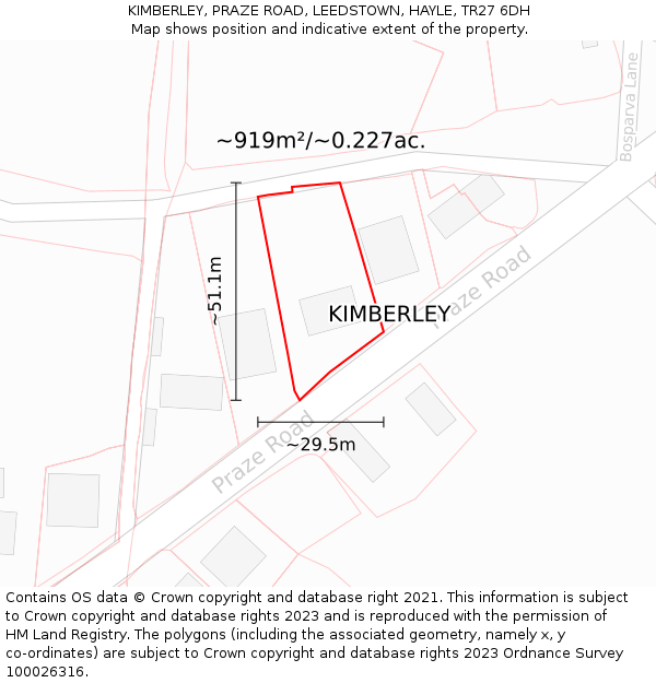 KIMBERLEY, PRAZE ROAD, LEEDSTOWN, HAYLE, TR27 6DH: Plot and title map