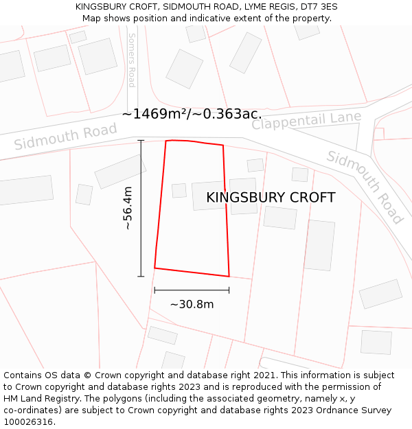 KINGSBURY CROFT, SIDMOUTH ROAD, LYME REGIS, DT7 3ES: Plot and title map