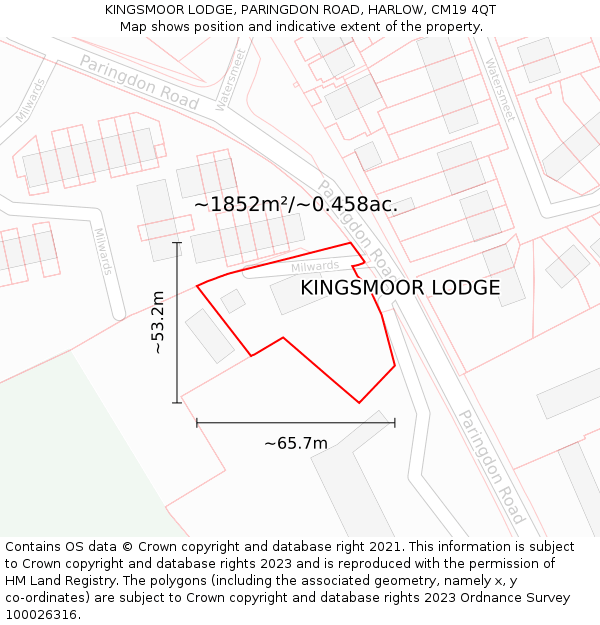 KINGSMOOR LODGE, PARINGDON ROAD, HARLOW, CM19 4QT: Plot and title map