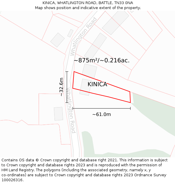 KINICA, WHATLINGTON ROAD, BATTLE, TN33 0NA: Plot and title map