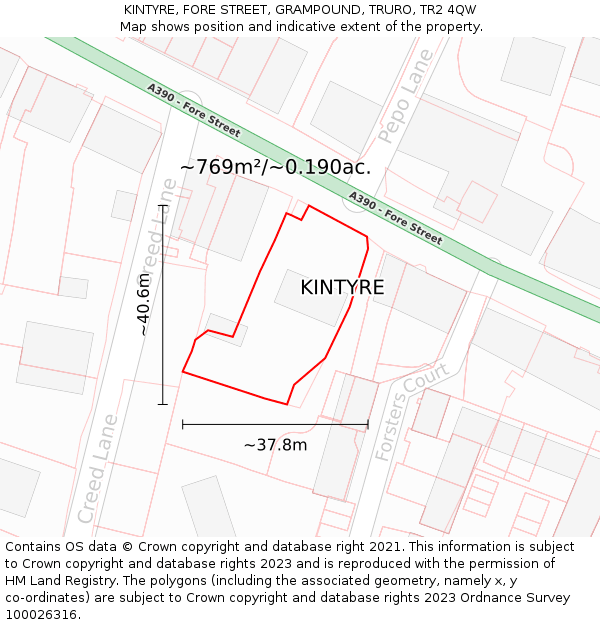 KINTYRE, FORE STREET, GRAMPOUND, TRURO, TR2 4QW: Plot and title map