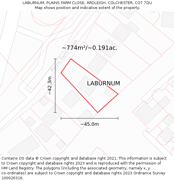 LABURNUM, PLAINS FARM CLOSE, ARDLEIGH, COLCHESTER, CO7 7QU: Plot and title map