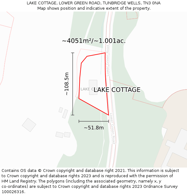 LAKE COTTAGE, LOWER GREEN ROAD, TUNBRIDGE WELLS, TN3 0NA: Plot and title map